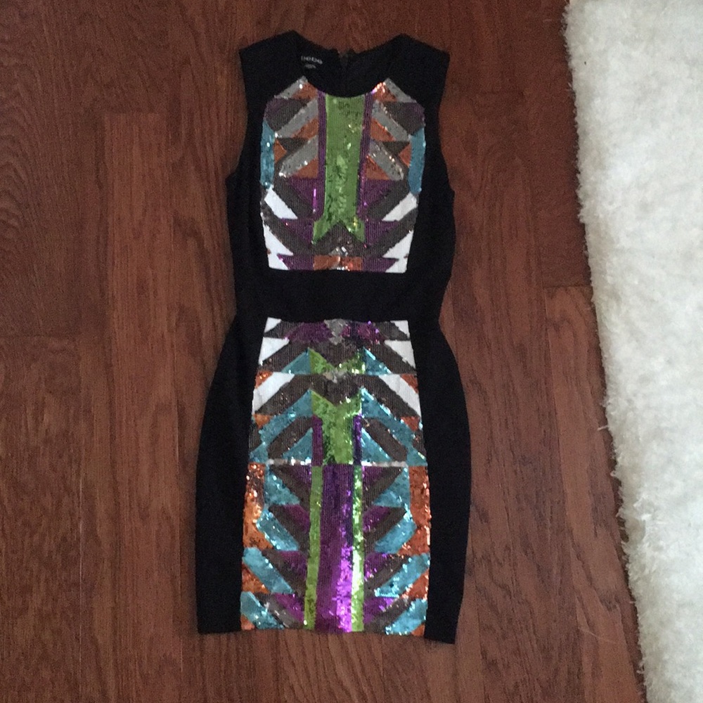 BEBE party dress . multicolor sequin dress